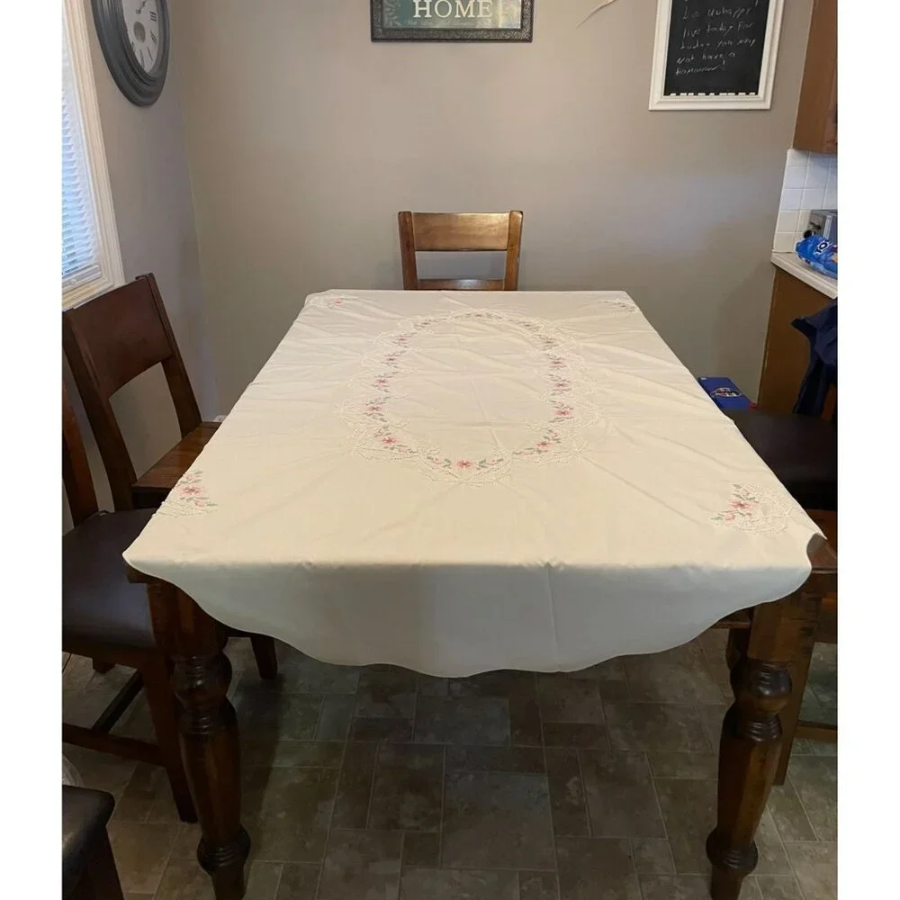 Vintage Cross Stitch Tablecloth Used Beige Mauve Green Pink
